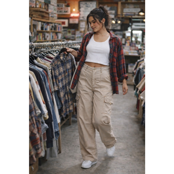 American Eagle Outfitters Pants - American Eagle Size 12L Wide Leg Cargo Pants Beige Utility Baggy Y2K Casual